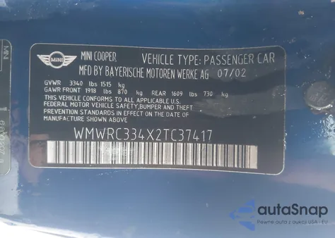 2002 Mini Cooper from USA, damaged, VIN WMWRC334X2TC37417